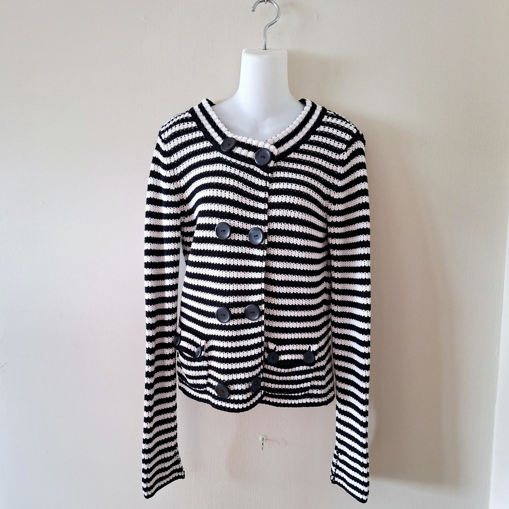 Talbots Black and White Striped Knit Cardigan